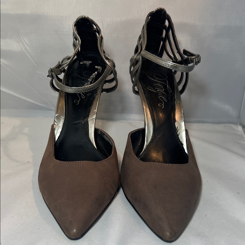 Fergie Brown and Silver Strappy Heels